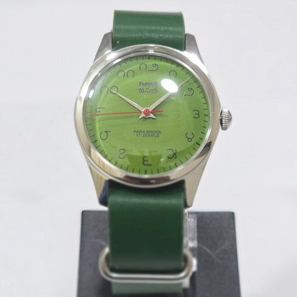 Vintage MOD HMT Janata Telugu Hand Winding 17 Jewels Green Face Green Nato Leather Strap Men's Wrist Watch K11