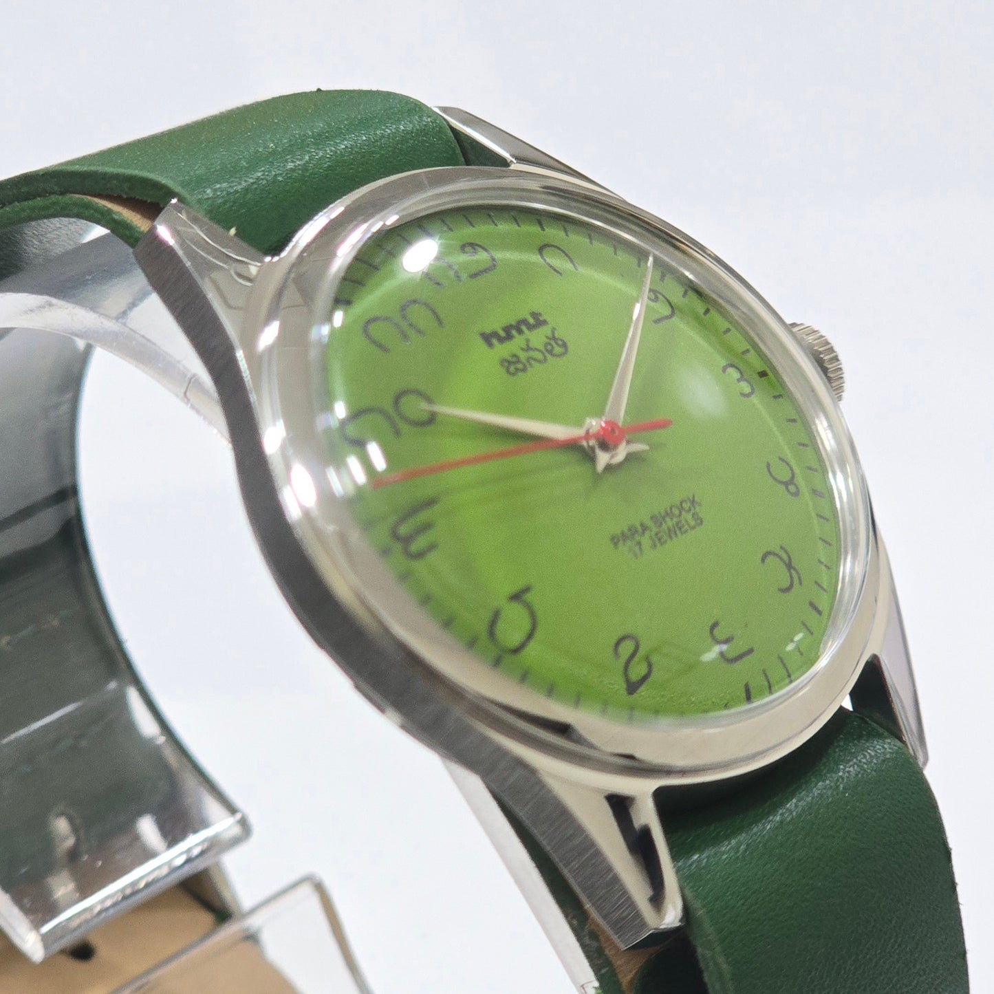 Vintage MOD HMT Janata Telugu Hand Winding 17 Jewels Green Face Green Nato Leather Strap Men's Wrist Watch K11