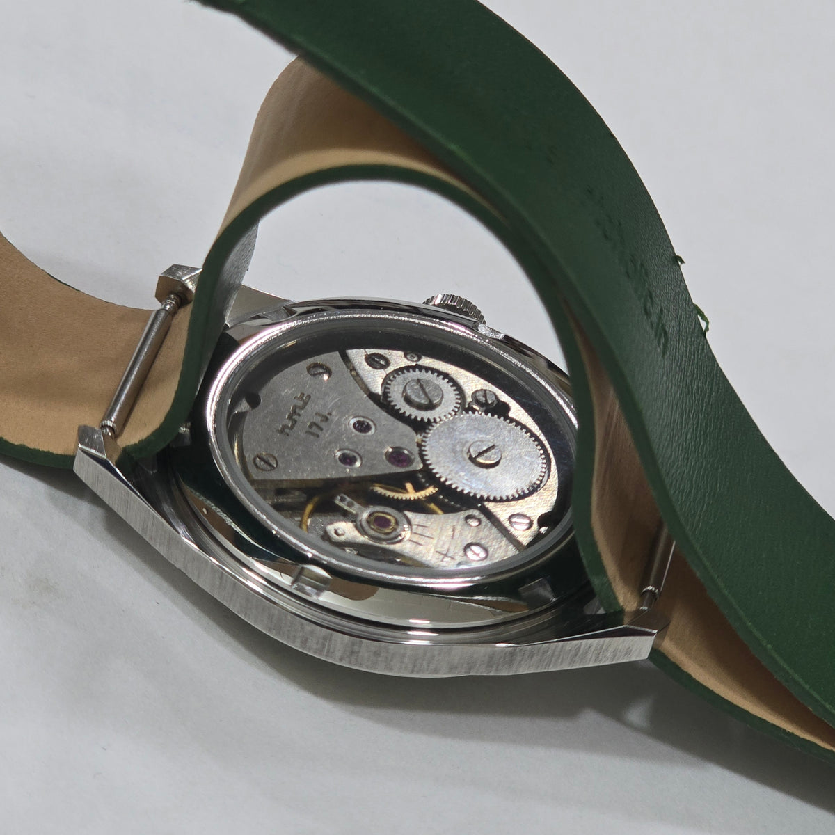 Vintage MOD HMT Janata Telugu Hand Winding 17 Jewels Green Face Green Nato Leather Strap Men's Wrist Watch K11