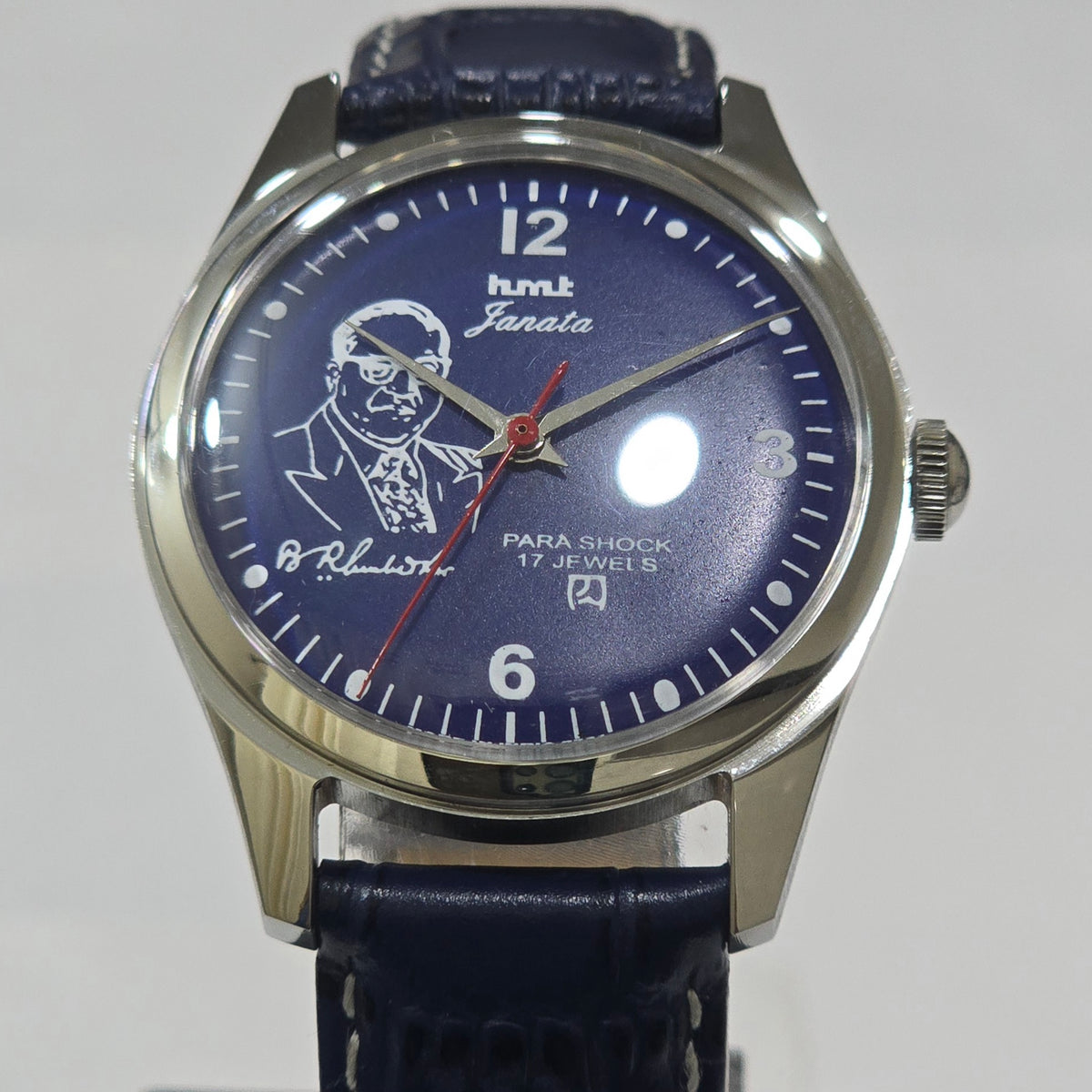 Vintage MOD HMT Janata B.R .Ambedkar Hand Winding 17 Jewels Blue Face Blue Leather Strap Men's Wrist Watch K17