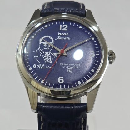 Vintage MOD HMT Janata B.R .Ambedkar Hand Winding 17 Jewels Blue Face Blue Leather Strap Men's Wrist Watch K17