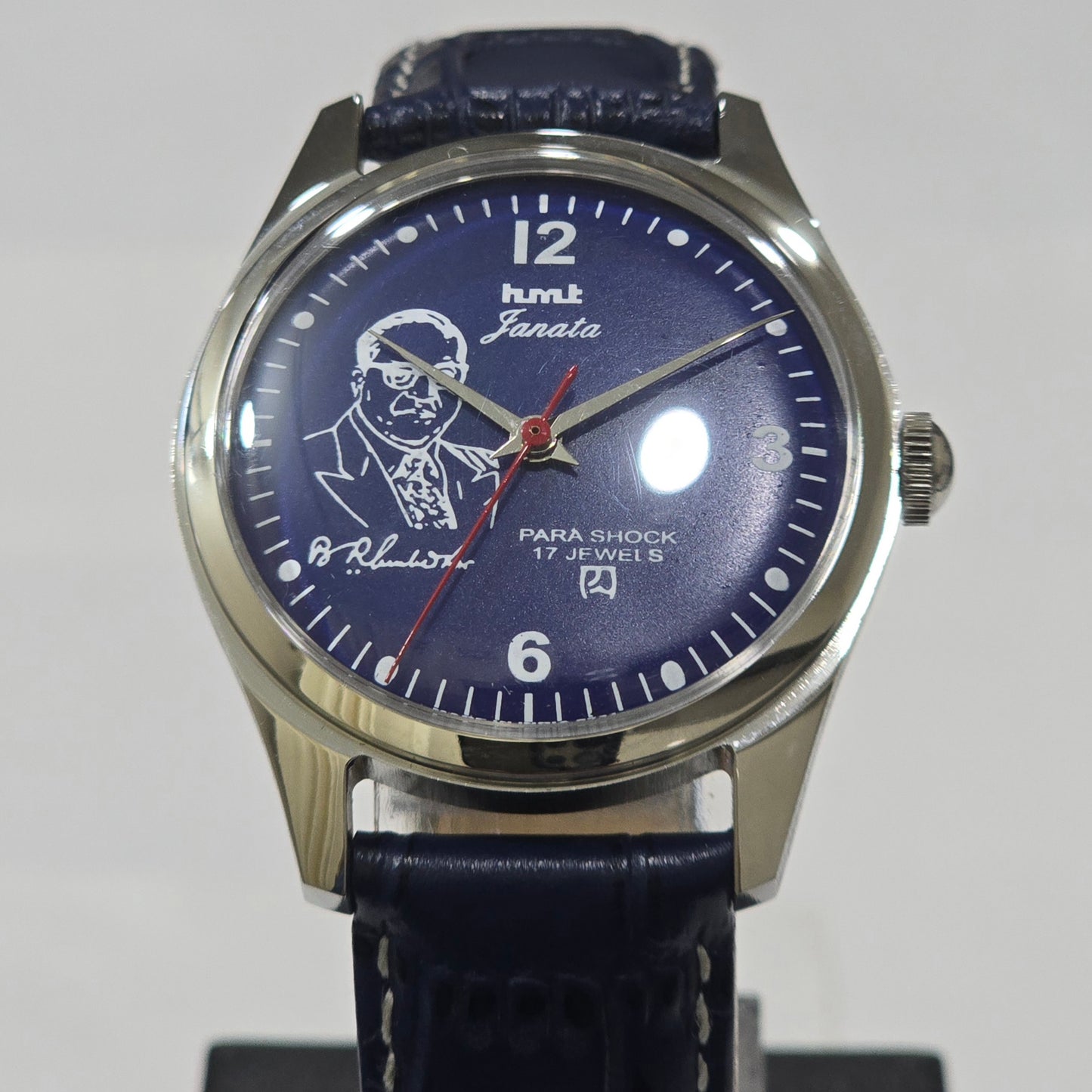 Vintage MOD HMT Janata B.R .Ambedkar Hand Winding 17 Jewels Blue Face Blue Leather Strap Men's Wrist Watch K17