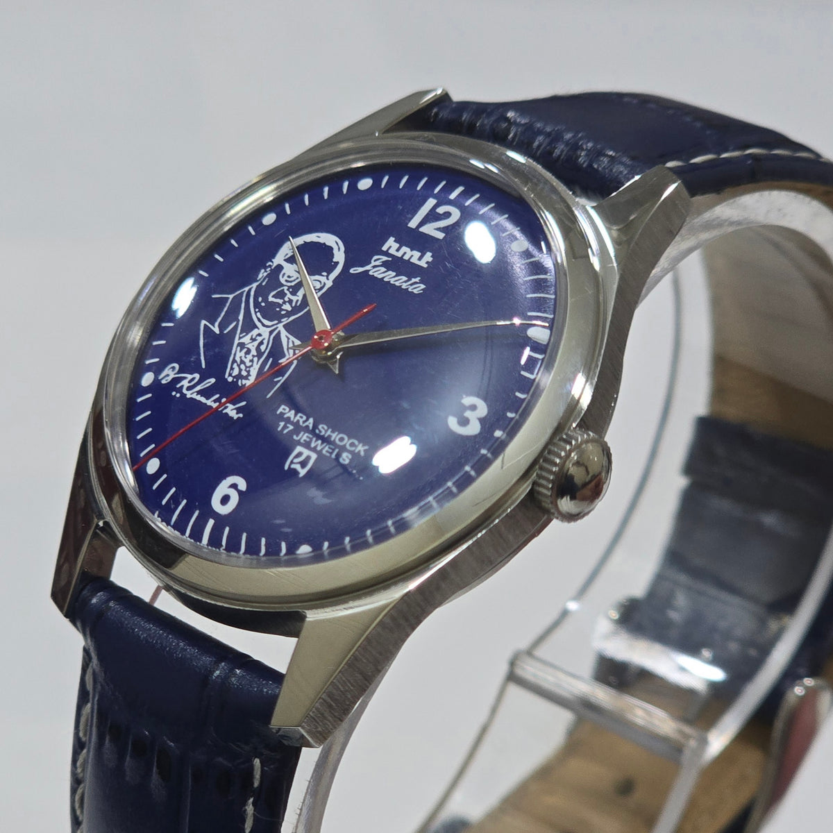Vintage MOD HMT Janata B.R .Ambedkar Hand Winding 17 Jewels Blue Face Blue Leather Strap Men's Wrist Watch K17