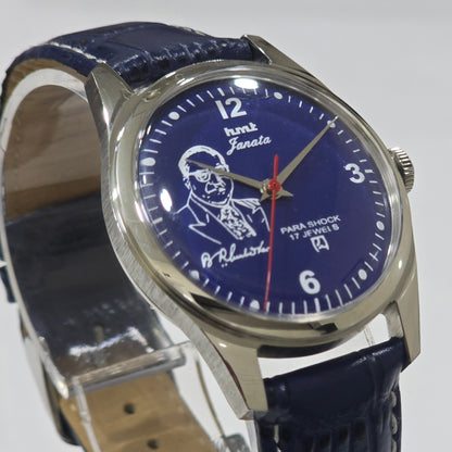 Vintage MOD HMT Janata B.R .Ambedkar Hand Winding 17 Jewels Blue Face Blue Leather Strap Men's Wrist Watch K17
