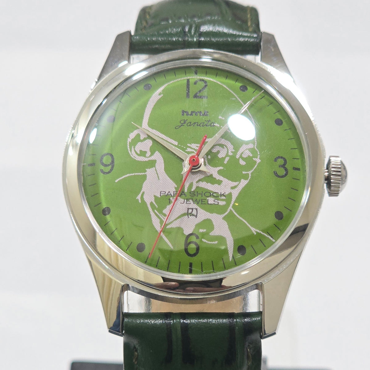 Vintage MOD HMT Janata Gandhi Hand Winding 17 Jewels Green Face Green Leather Strap Men's Wrist Watch K19