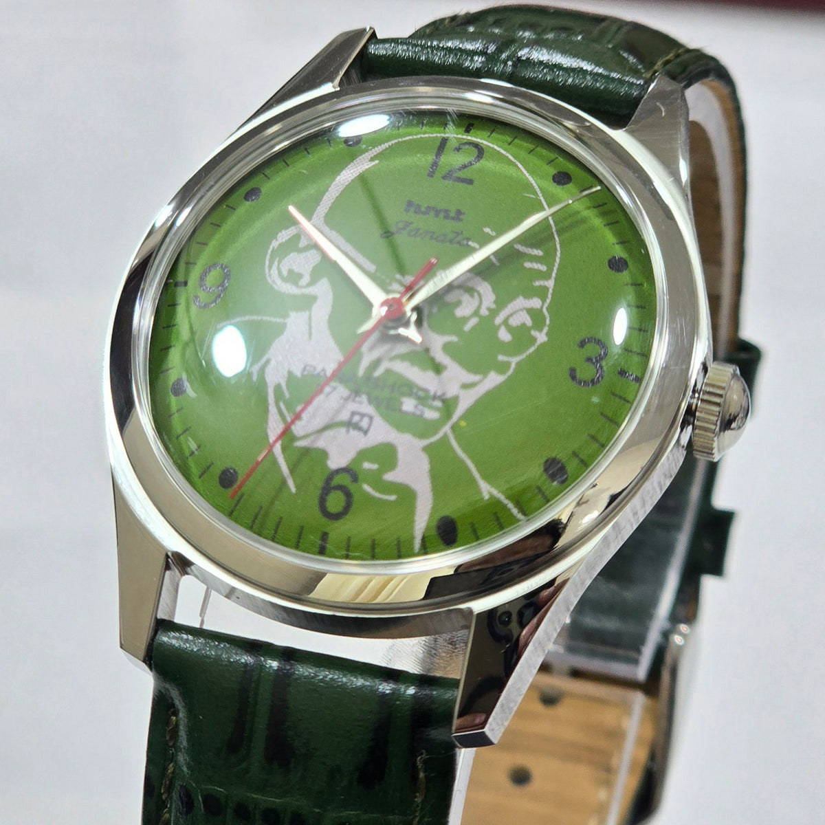 Vintage MOD HMT Janata Gandhi Hand Winding 17 Jewels Green Face Green Leather Strap Men's Wrist Watch K19