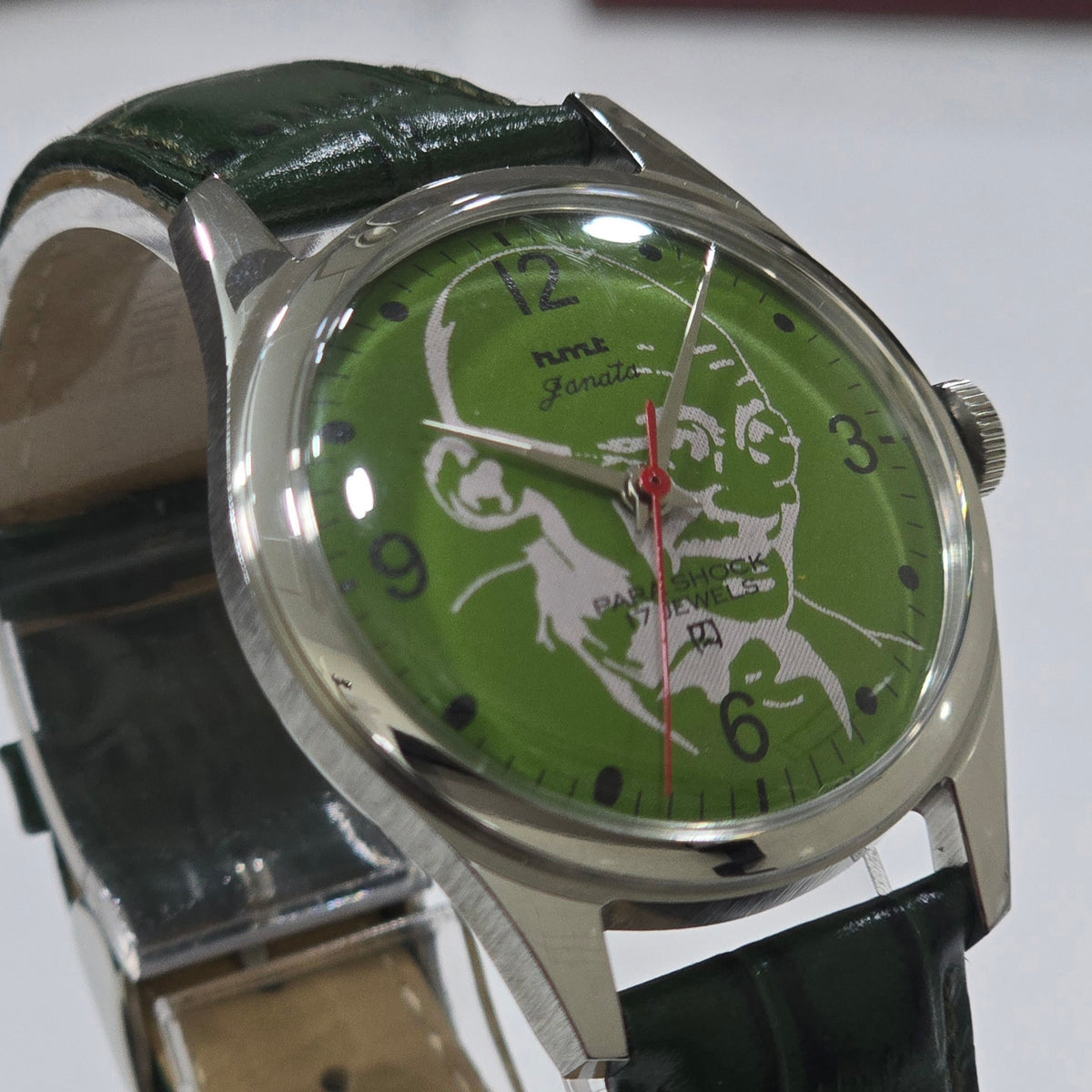 Vintage MOD HMT Janata Gandhi Hand Winding 17 Jewels Green Face Green Leather Strap Men's Wrist Watch K19