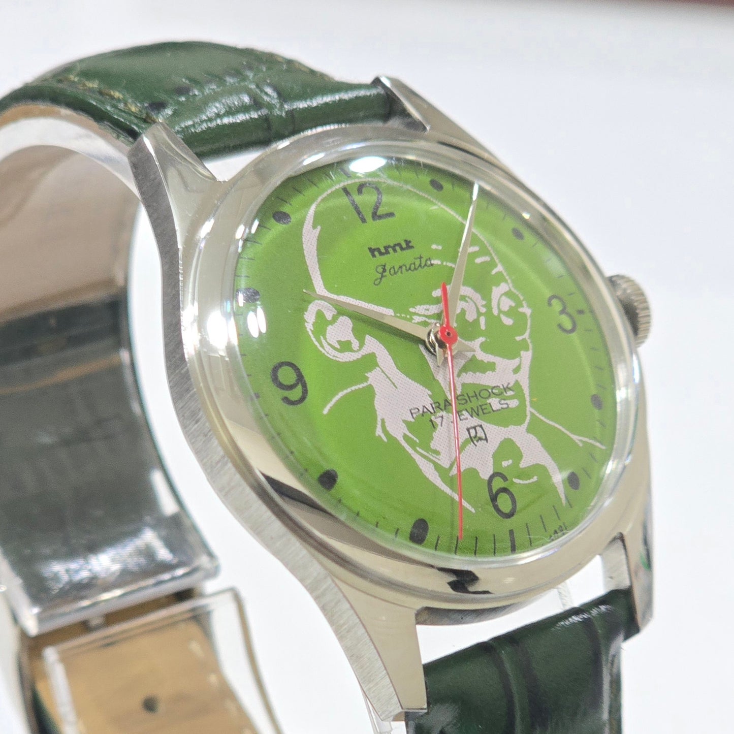 Vintage MOD HMT Janata Gandhi Hand Winding 17 Jewels Green Face Green Leather Strap Men's Wrist Watch K19