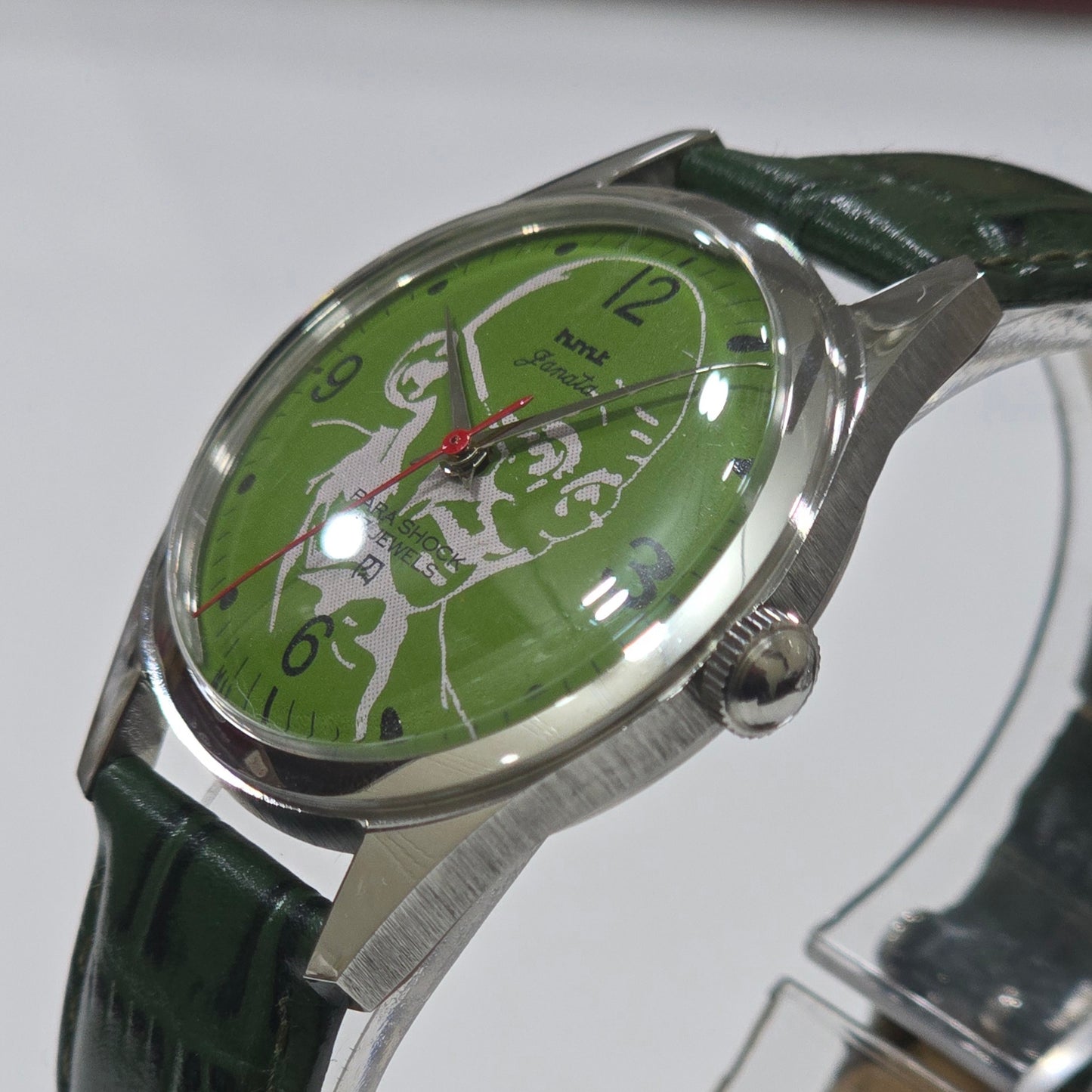 Vintage MOD HMT Janata Gandhi Hand Winding 17 Jewels Green Face Green Leather Strap Men's Wrist Watch K19