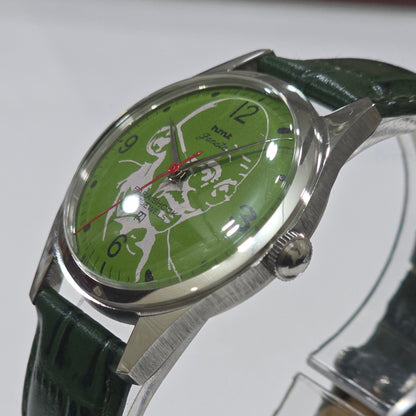 Vintage MOD HMT Janata Gandhi Hand Winding 17 Jewels Green Face Green Leather Strap Men's Wrist Watch K19