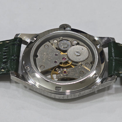 Vintage MOD HMT Janata Gandhi Hand Winding 17 Jewels Green Face Green Leather Strap Men's Wrist Watch K19