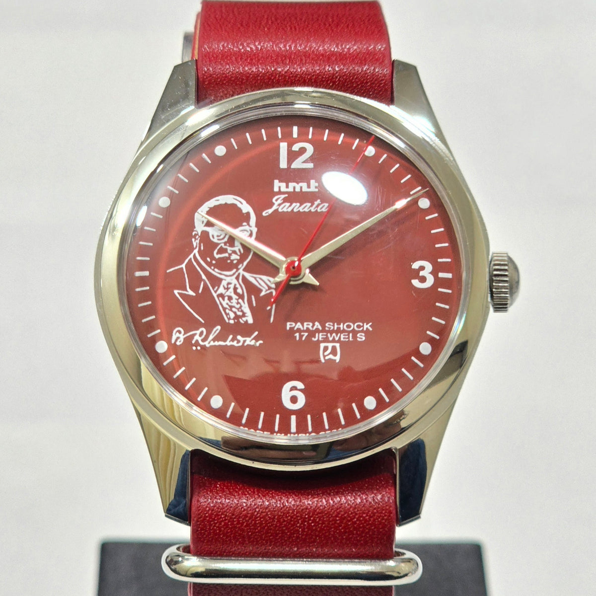Vintage MOD HMT Janata B.R .Ambedkar Hand Winding 17 Jewels Red Face Red Nato Leather Strap Men's Wrist Watch K18