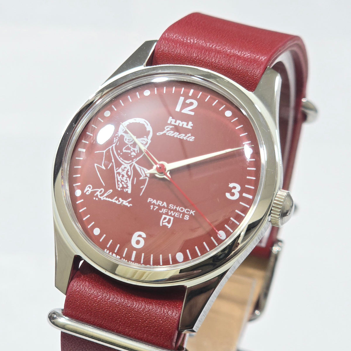 Vintage MOD HMT Janata B.R .Ambedkar Hand Winding 17 Jewels Red Face Red Nato Leather Strap Men's Wrist Watch K18