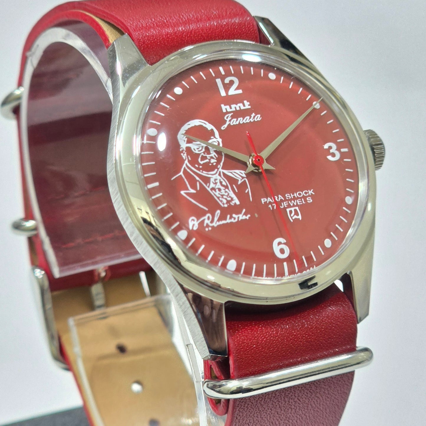 Vintage MOD HMT Janata B.R .Ambedkar Hand Winding 17 Jewels Red Face Red Nato Leather Strap Men's Wrist Watch K18