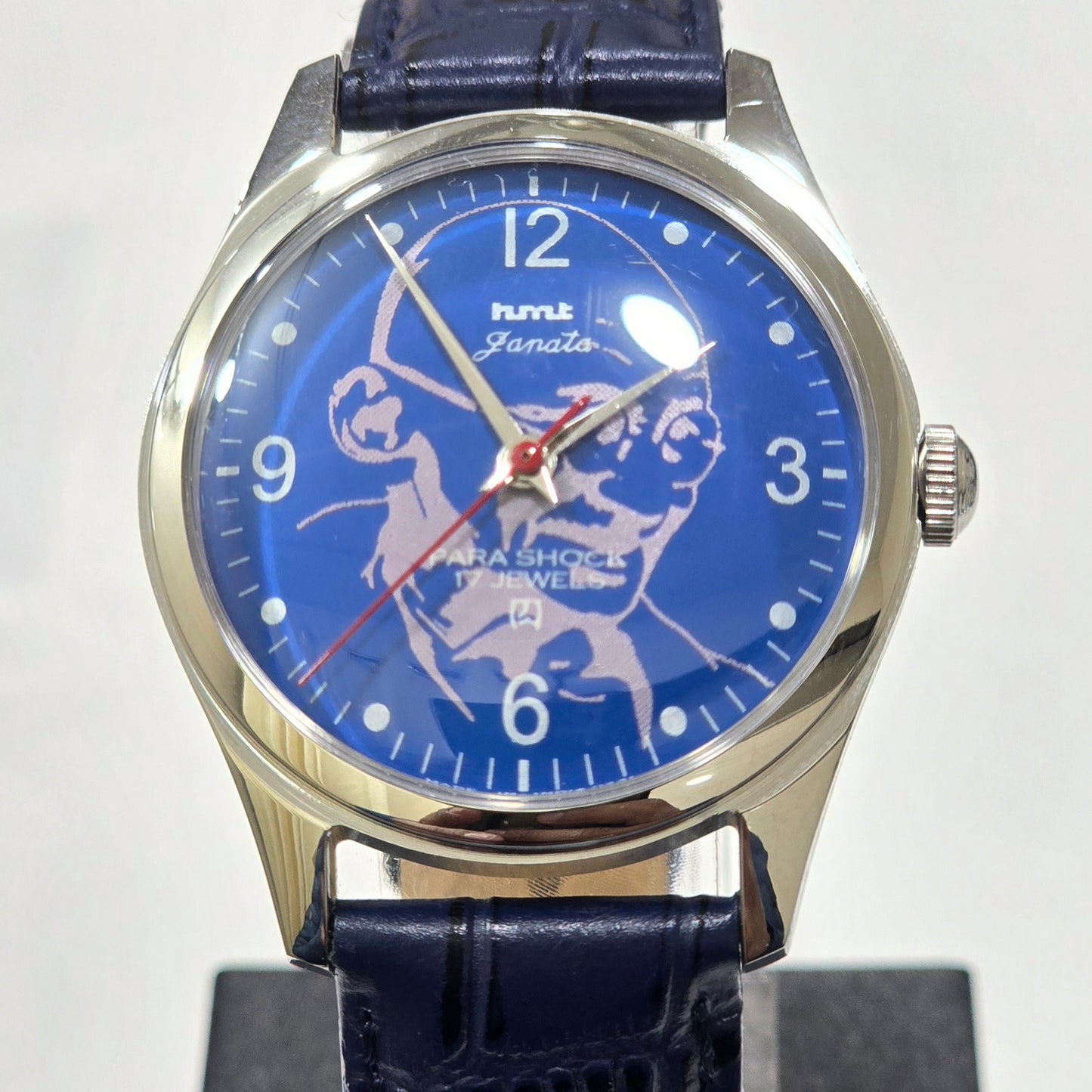 Vintage MOD HMT Janata Gandhi Hand Winding 17 Jewels Blue Face Blue Leather Strap Men's Wrist Watch K20