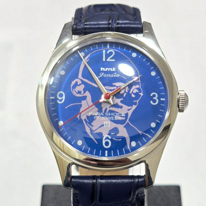 Vintage MOD HMT Janata Gandhi Hand Winding 17 Jewels Blue Face Blue Leather Strap Men's Wrist Watch K20