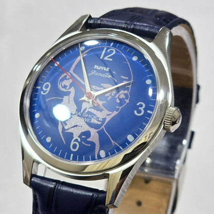 Vintage MOD HMT Janata Gandhi Hand Winding 17 Jewels Blue Face Blue Leather Strap Men's Wrist Watch K20