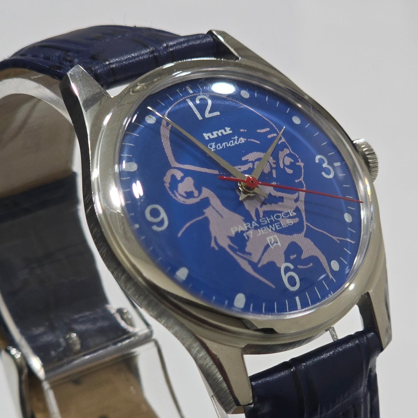 Vintage MOD HMT Janata Gandhi Hand Winding 17 Jewels Blue Face Blue Leather Strap Men's Wrist Watch K20