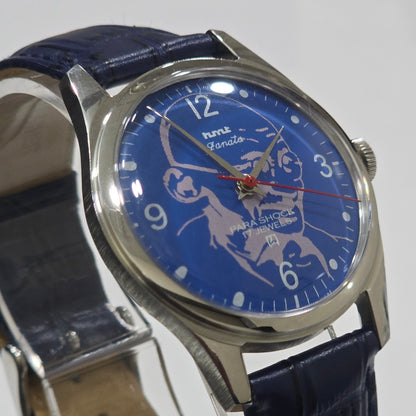 Vintage MOD HMT Janata Gandhi Hand Winding 17 Jewels Blue Face Blue Leather Strap Men's Wrist Watch K20
