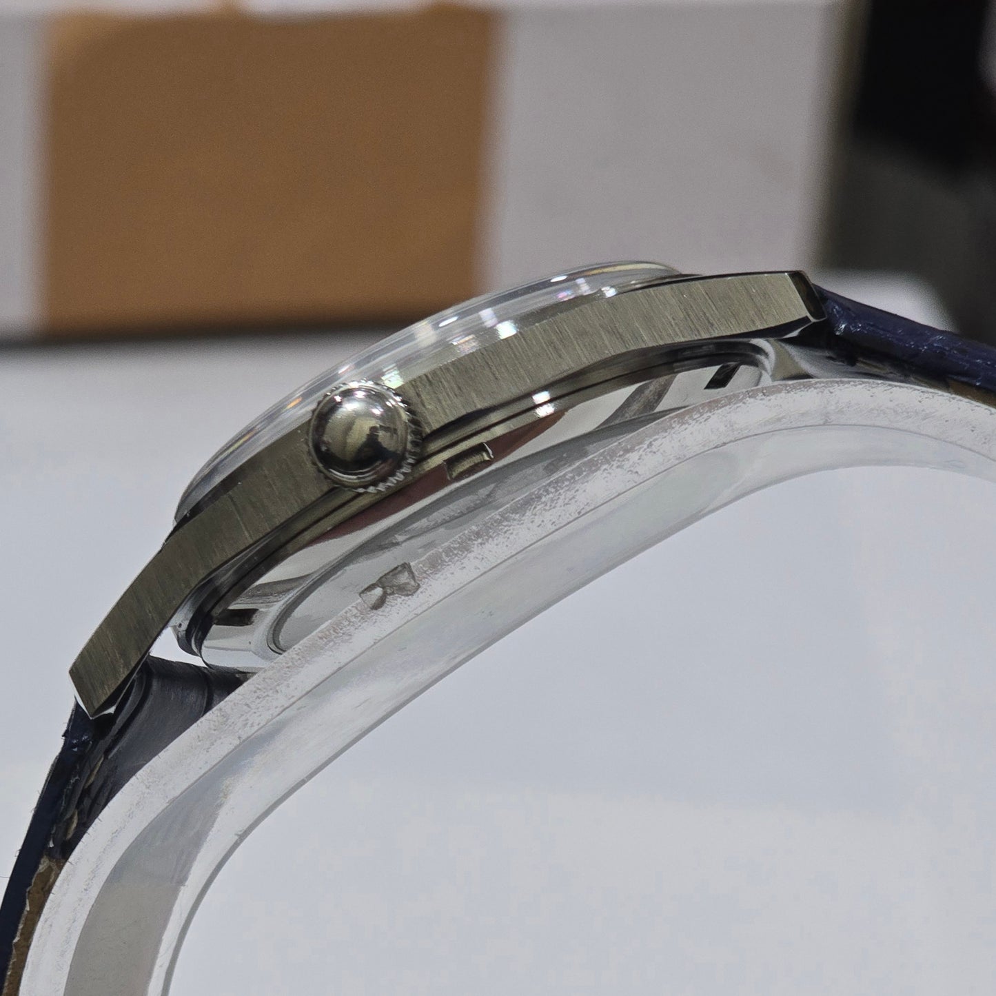 Vintage MOD HMT Janata Gandhi Hand Winding 17 Jewels Blue Face Blue Leather Strap Men's Wrist Watch K20