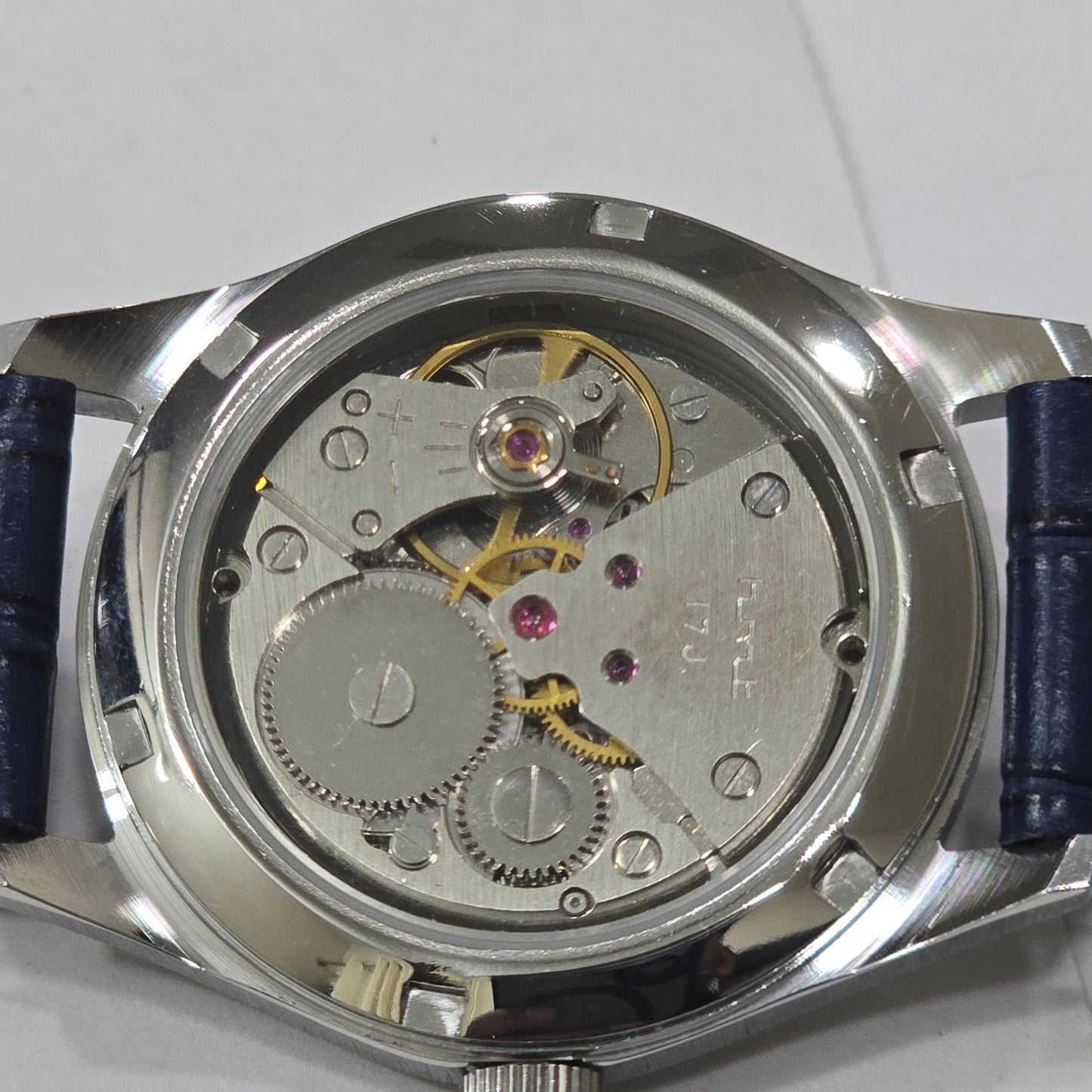 Vintage MOD HMT Janata Gandhi Hand Winding 17 Jewels Blue Face Blue Leather Strap Men's Wrist Watch K20