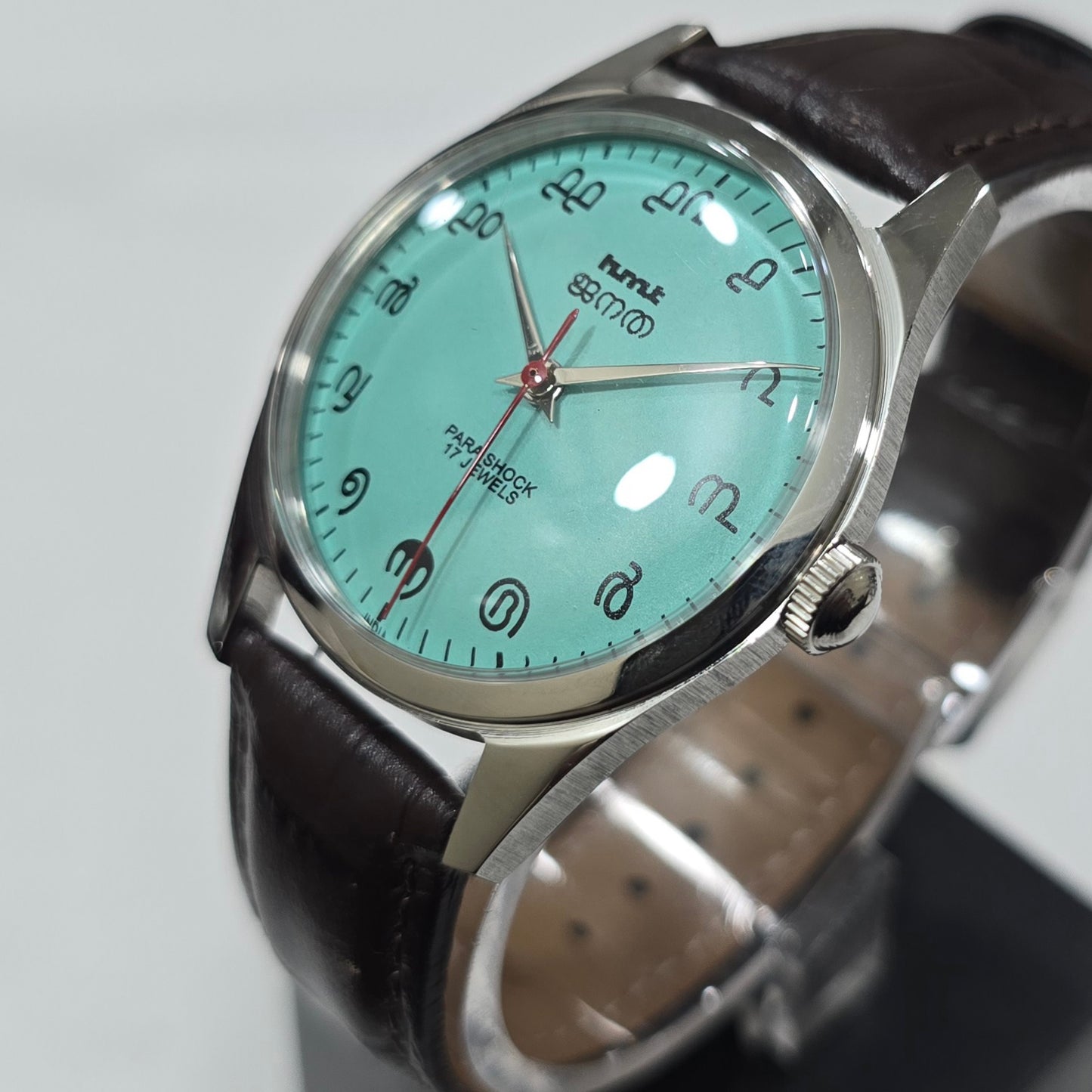 Vintage MOD HMT Janata Malayalam Hand Winding 17 Jewels Sea Green Face Brown Leather Strap Men's Wrist Watch K02