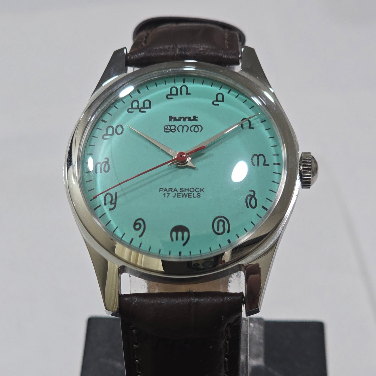 Vintage MOD HMT Janata Malayalam Hand Winding 17 Jewels Sea Green Face Brown Leather Strap Men's Wrist Watch K02