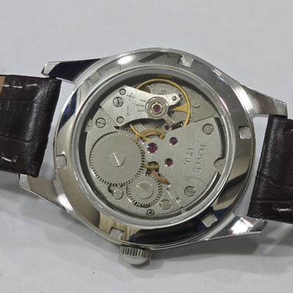 Vintage MOD HMT Janata Malayalam Hand Winding 17 Jewels Sea Green Face Brown Leather Strap Men's Wrist Watch K02