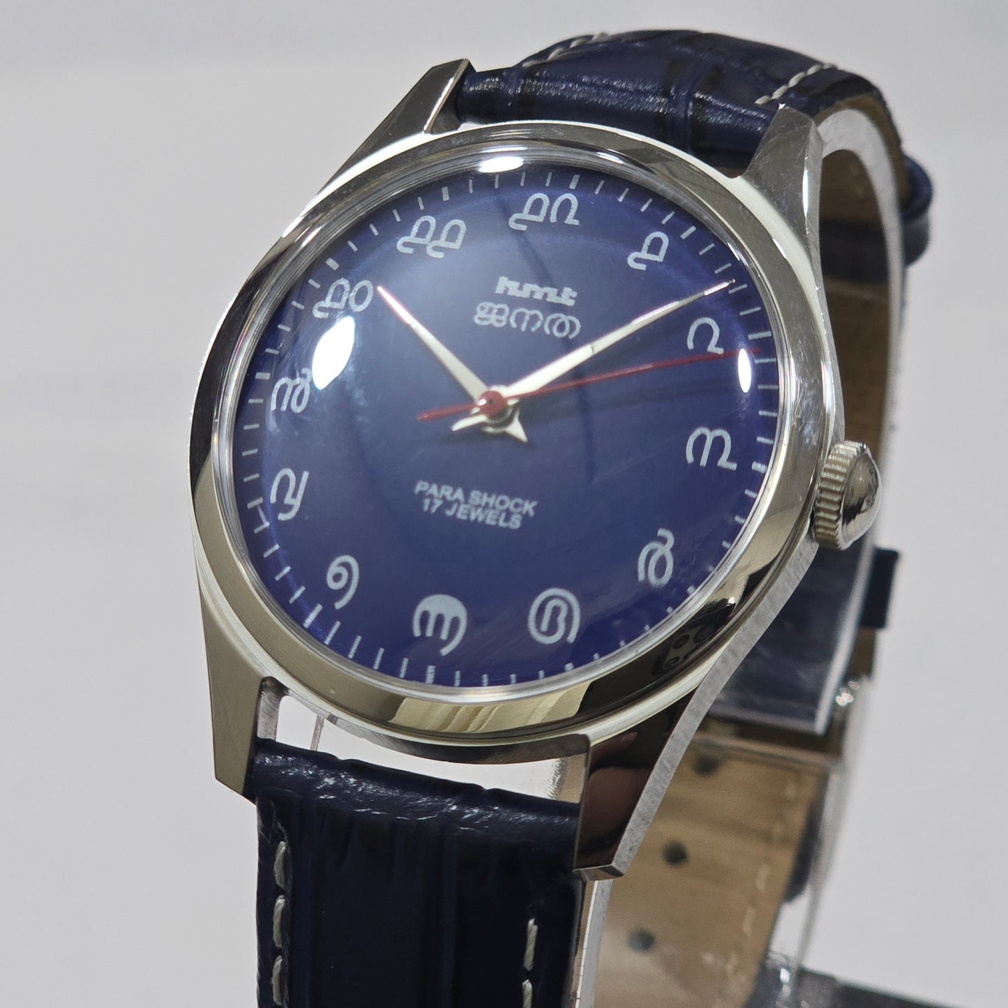 Vintage MOD HMT Janata Malayalam Hand Winding 17 Jewels Blue Face Blue Leather Strap Men's Wrist Watch K03