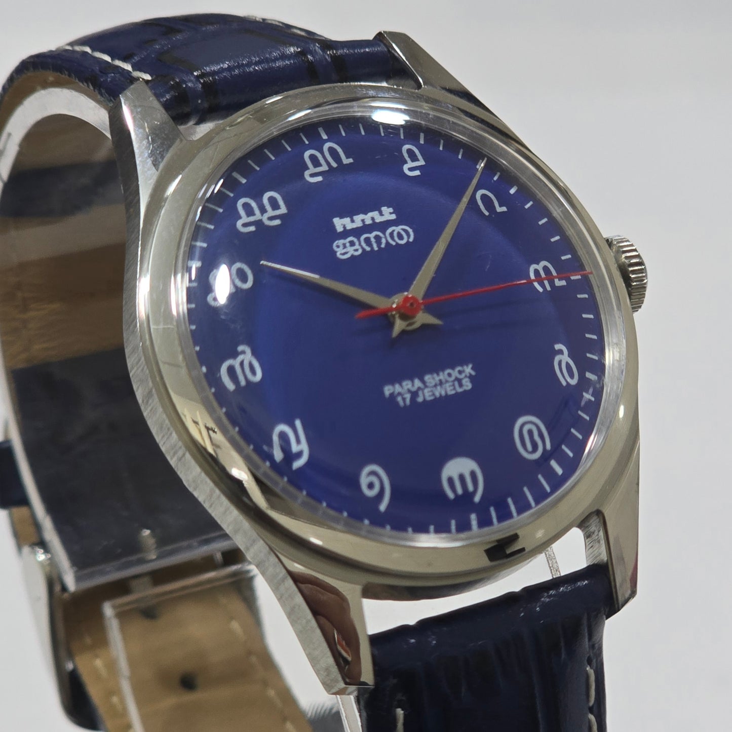 Vintage MOD HMT Janata Malayalam Hand Winding 17 Jewels Blue Face Blue Leather Strap Men's Wrist Watch K03