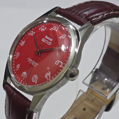 Vintage MOD HMT Janata Malayalam Hand Winding 17 Jewels Red Face Red Leather Strap Men's Wrist Watch K04