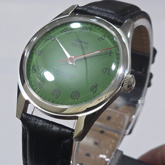 Vintage MOD HMT Janata Malayalam Hand Winding 17 Jewels Green Face Black Leather Strap Men's Wrist Watch K01