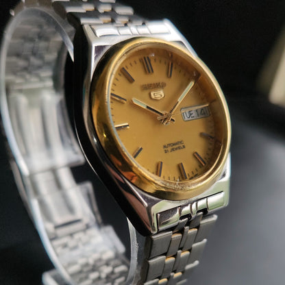 Vintage 2005 Original Seiko 5 Automatic 7S26-0070 Golden Face 21 Jewels Day-Date Japanese Men's Wrist Watch S57
