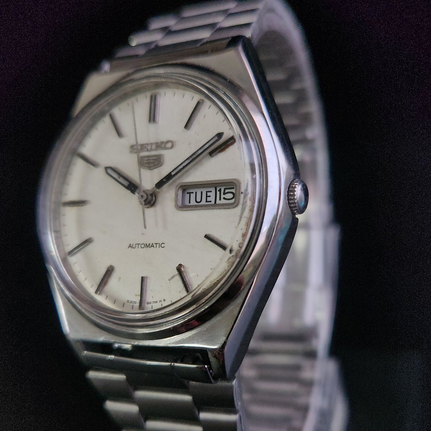Vintage 1985 Original Seiko 5 Automatic 6309-8970 White Face 17 Jewels Day-Date Japanese Men's Wrist Watch S38