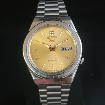 Vintage 1985 Original Seiko 5 Automatic 7009-3040 Golden Face 17 Jewels Day-Date Japanese Men's Wrist Watch S48