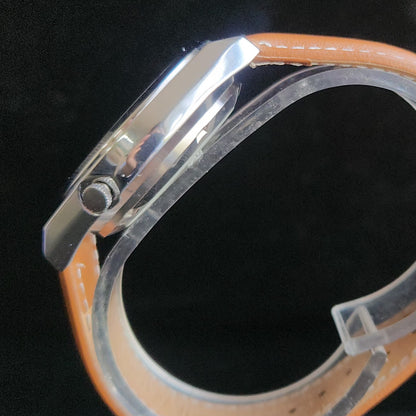 Vintage Mod Arabic Seiko 5 Automatic 17 Jewels Cal. 7009 Silver Face Brown Leather Band Day-Date Men's Wrist Watch S69