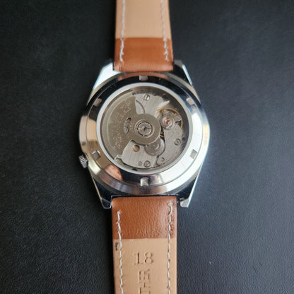 Vintage Mod Arabic Seiko 5 Automatic 17 Jewels Cal. 7009 Pink Face Brown Leather Band Day-Date Men's Wrist Watch S73