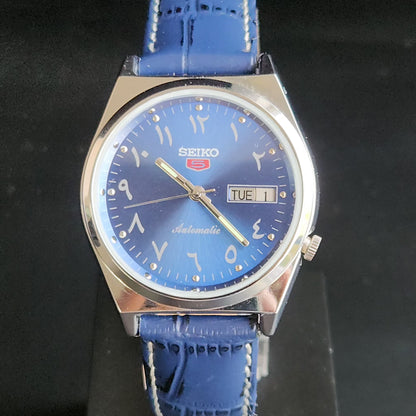 Vintage Mod Arabic Seiko 5 Automatic 17 Jewels Cal. 7009 Blue Face Blue Leather Band Day-Date Men's Wrist Watch S70