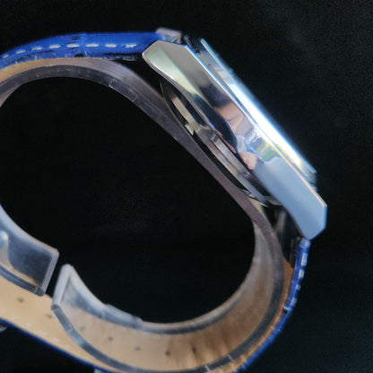 Vintage Mod Arabic Seiko 5 Automatic 17 Jewels Cal. 7009 Blue Face Blue Leather Band Day-Date Men's Wrist Watch S70