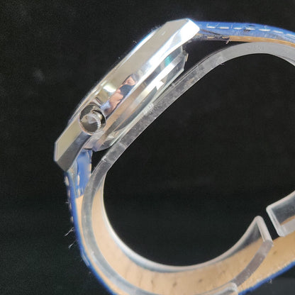 Vintage Mod Arabic Seiko 5 Automatic 17 Jewels Cal. 7009 Blue Face Blue Leather Band Day-Date Men's Wrist Watch S70