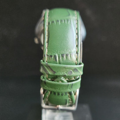 Vintage Mod Arabic Seiko 5 Automatic 17 Jewels Cal. 7009 Green Face Green Leather Band Day-Date Men's Wrist Watch S71