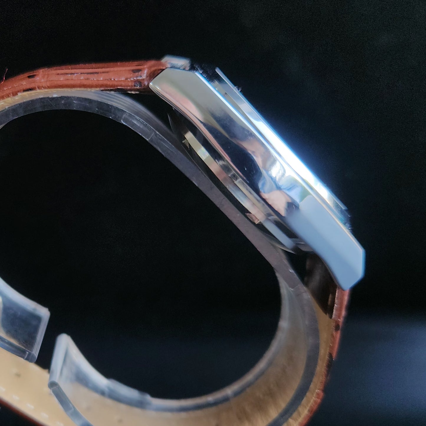 Vintage Mod Arabic Seiko 5 Automatic 17 Jewels Cal. 7009 Pink Face Brown Leather Band Day-Date Men's Wrist Watch S73