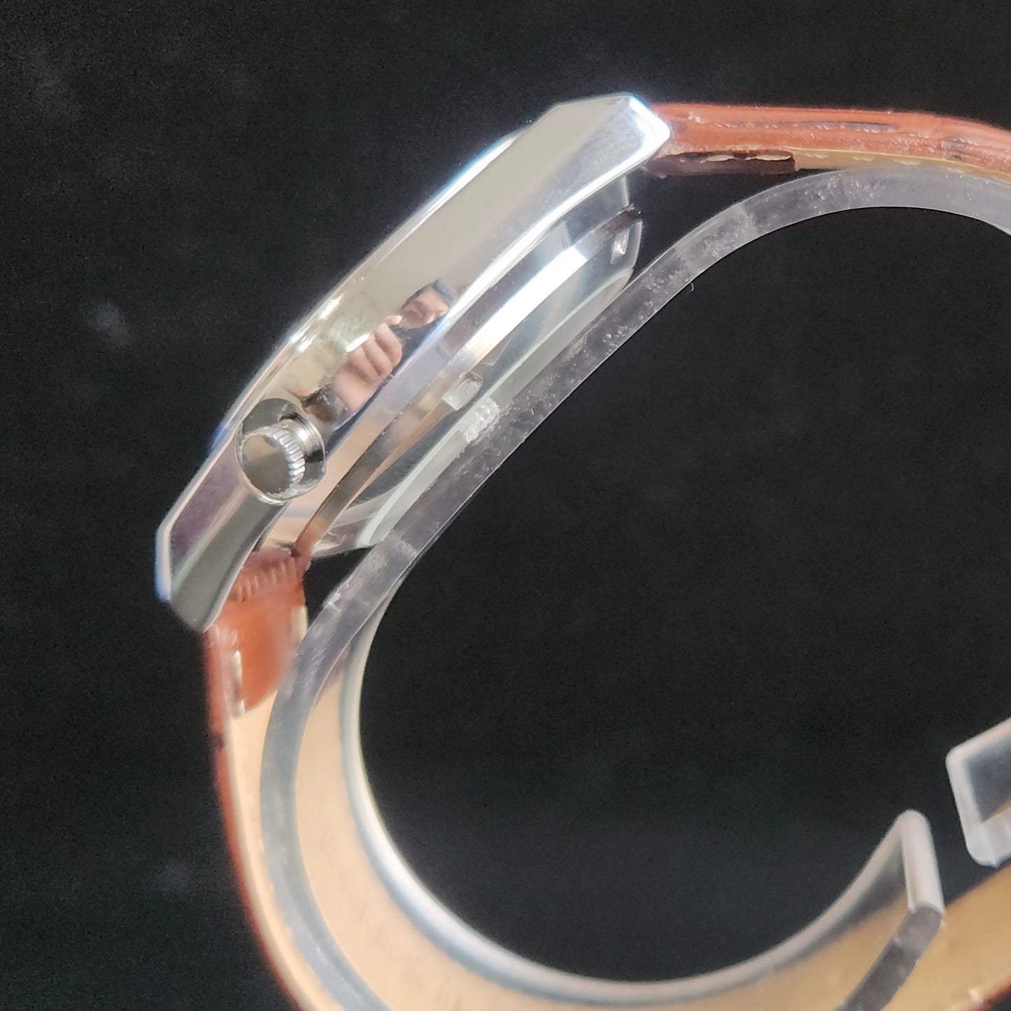 Vintage Mod Arabic Seiko 5 Automatic 17 Jewels Cal. 7009 Pink Face Brown Leather Band Day-Date Men's Wrist Watch S73