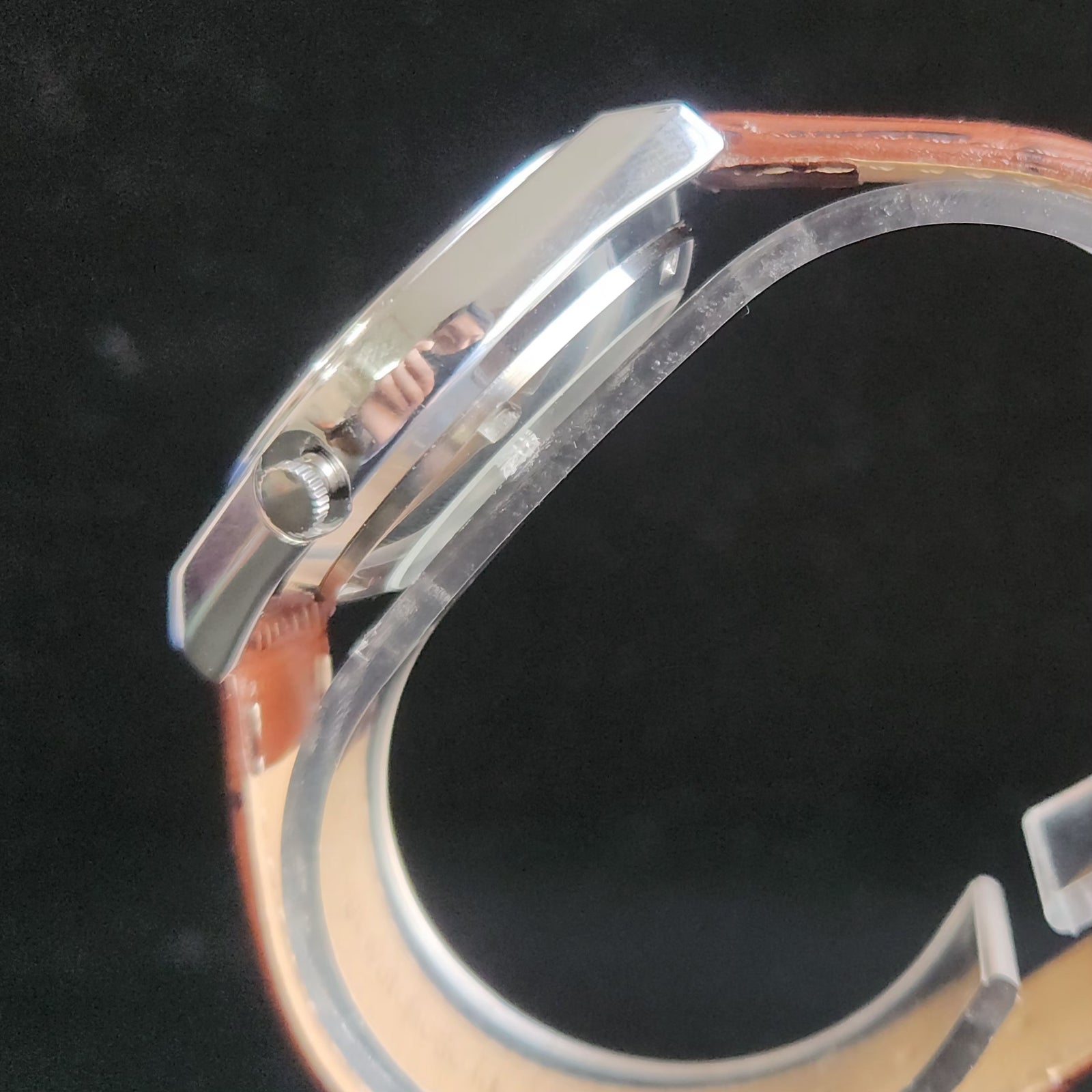 Vintage Mod Arabic Seiko 5 Automatic 17 Jewels Cal. 7009 Pink Face Brown Leather Band Day-Date Men's Wrist Watch S73