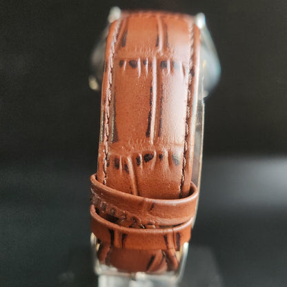 Vintage Mod Arabic Seiko 5 Automatic 17 Jewels Cal. 7009 Pink Face Brown Leather Band Day-Date Men's Wrist Watch S73
