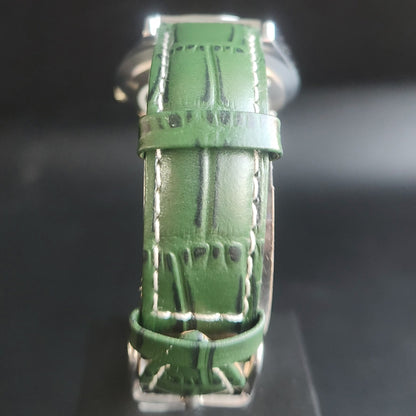 Vintage Mod Seiko 5 Automatic 17 Jewels Cal. 7009 Silver Face Green Leather Band Day-Date Men's Wrist Watch S77
