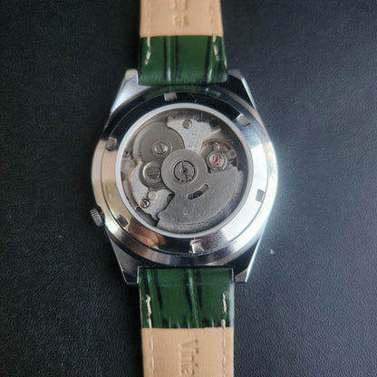 Vintage Mod Seiko 5 Automatic 17 Jewels Cal. 7009 Silver Face Green Leather Band Day-Date Men's Wrist Watch S77