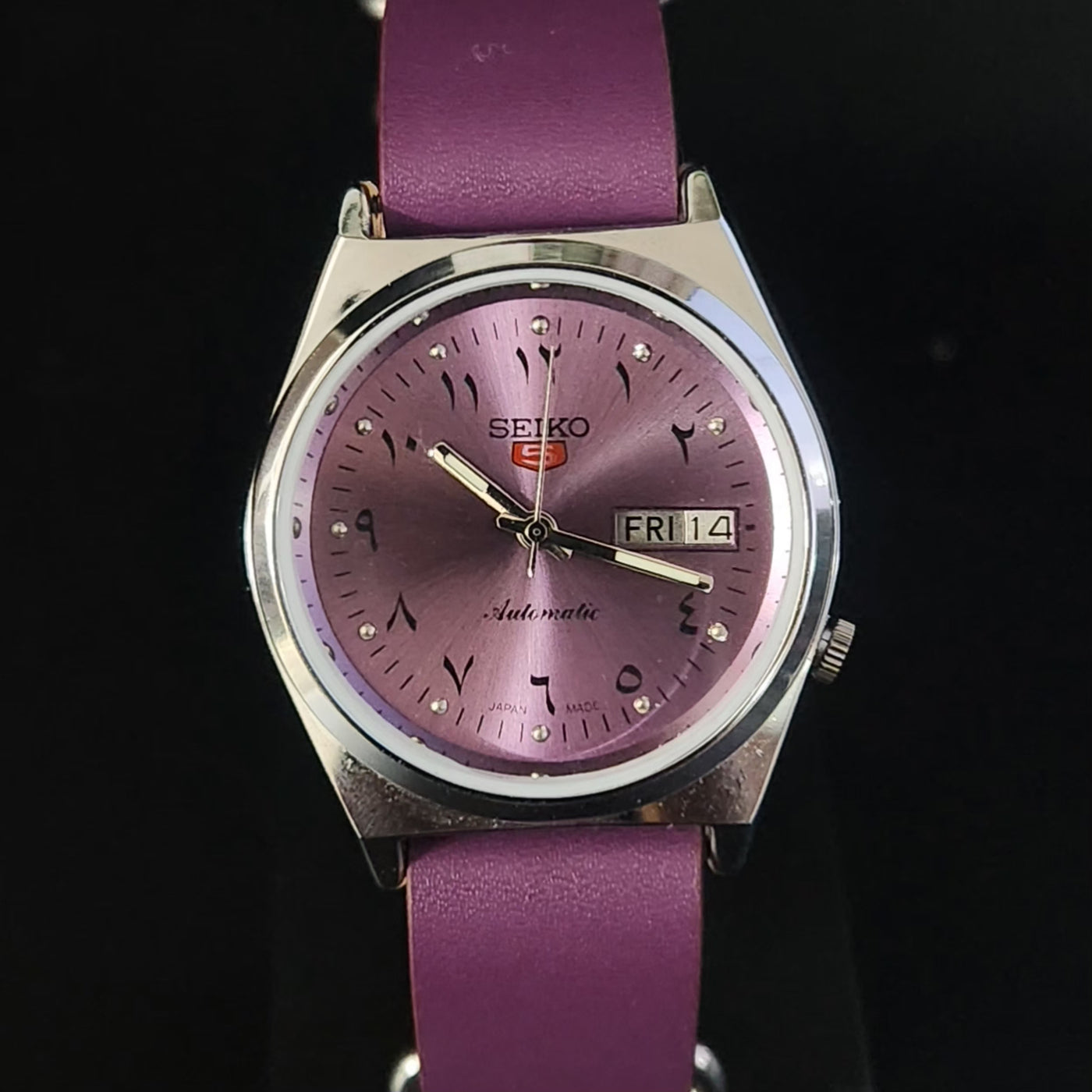 Vintage Mod Arabic Seiko 5 Automatic 17 Jewels Cal. 7009 Purple Face Purple Nato Leather Band Day-Date Men's Wrist Watch S74
