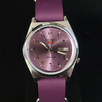Vintage Mod Arabic Seiko 5 Automatic 17 Jewels Cal. 7009 Purple Face Purple Nato Leather Band Day-Date Men's Wrist Watch S74