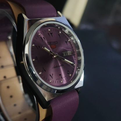 Vintage Mod Arabic Seiko 5 Automatic 17 Jewels Cal. 7009 Purple Face Purple Nato Leather Band Day-Date Men's Wrist Watch S74